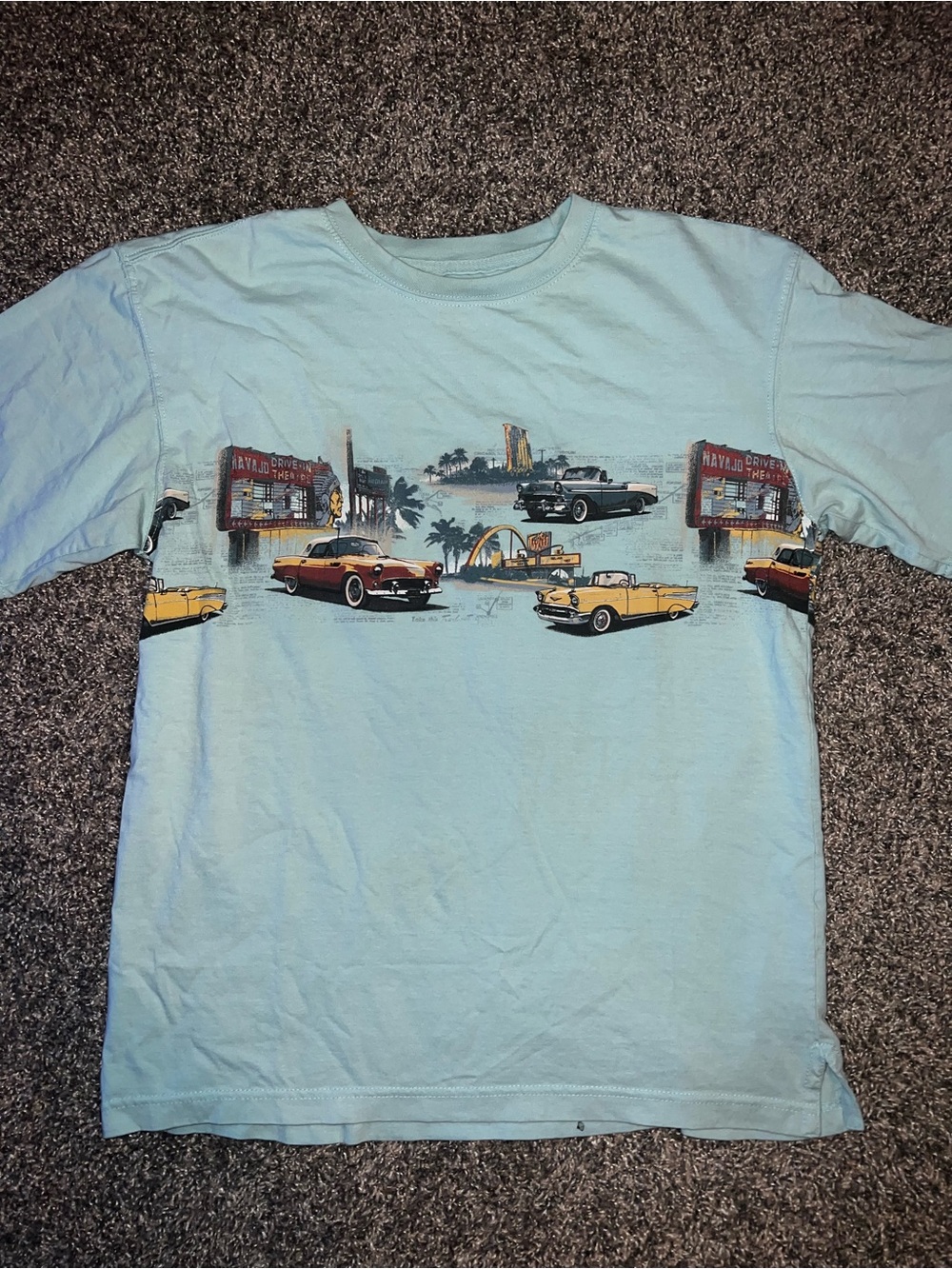 Men's Light Blue Vintage Car Graphic Short Sleeve Tee